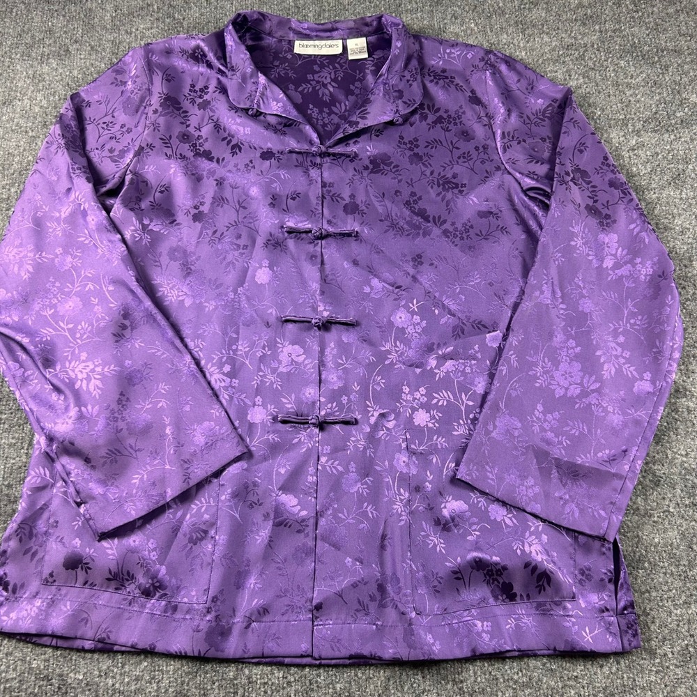 Bloomingdales Purple Floral Jacquard Satin Pajama Set Frog Button XL - Picture 4 of 14